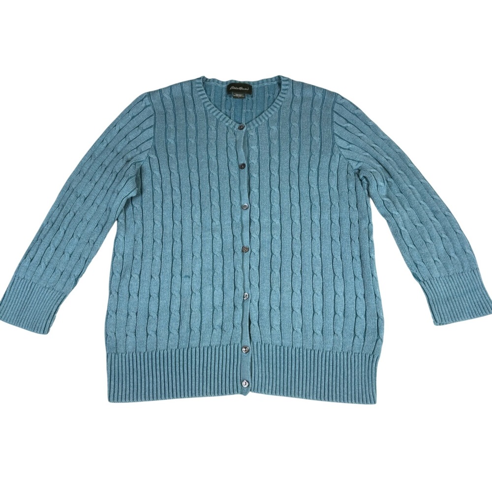 Vintage Eddie Bauer Cable Knit Cotton Button Front Cardigan Blue Large Preppy